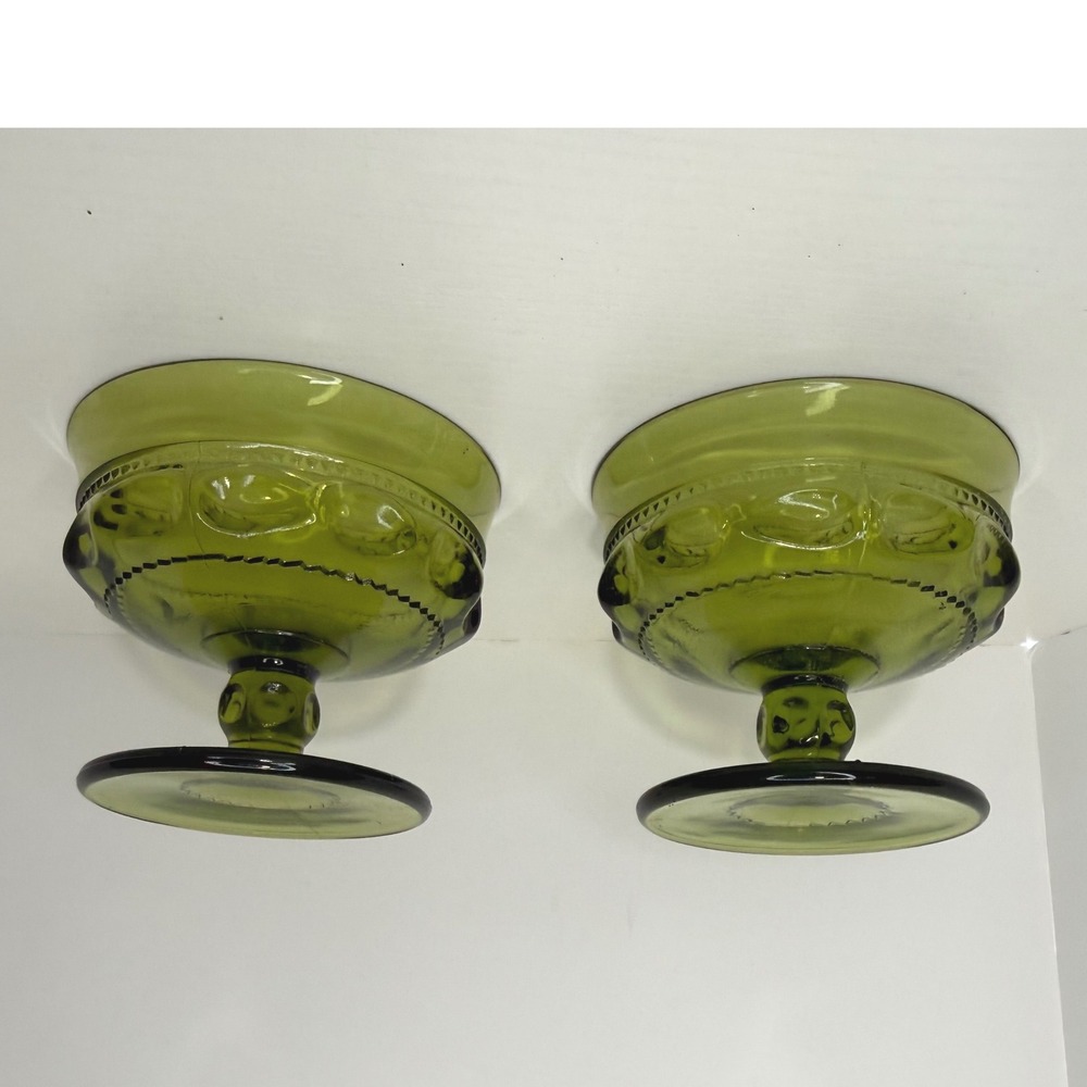 Vintage Indiana Glass Kings Crown Thumbprint Set of 2 Green Pedestal Dessert Cup